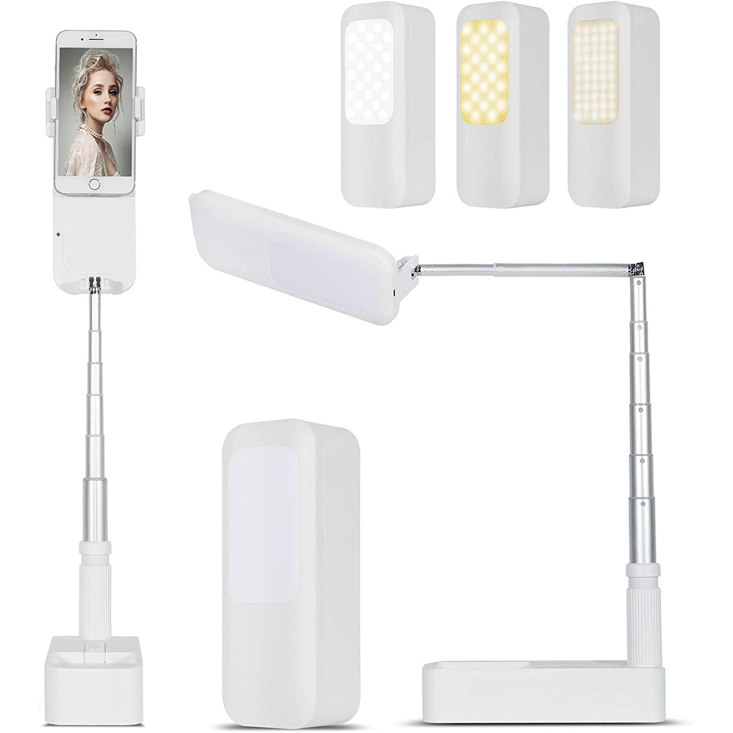 ALL in ONE! Portable Phone Holder Retractable Stand with Wireless Dimmable LED Light